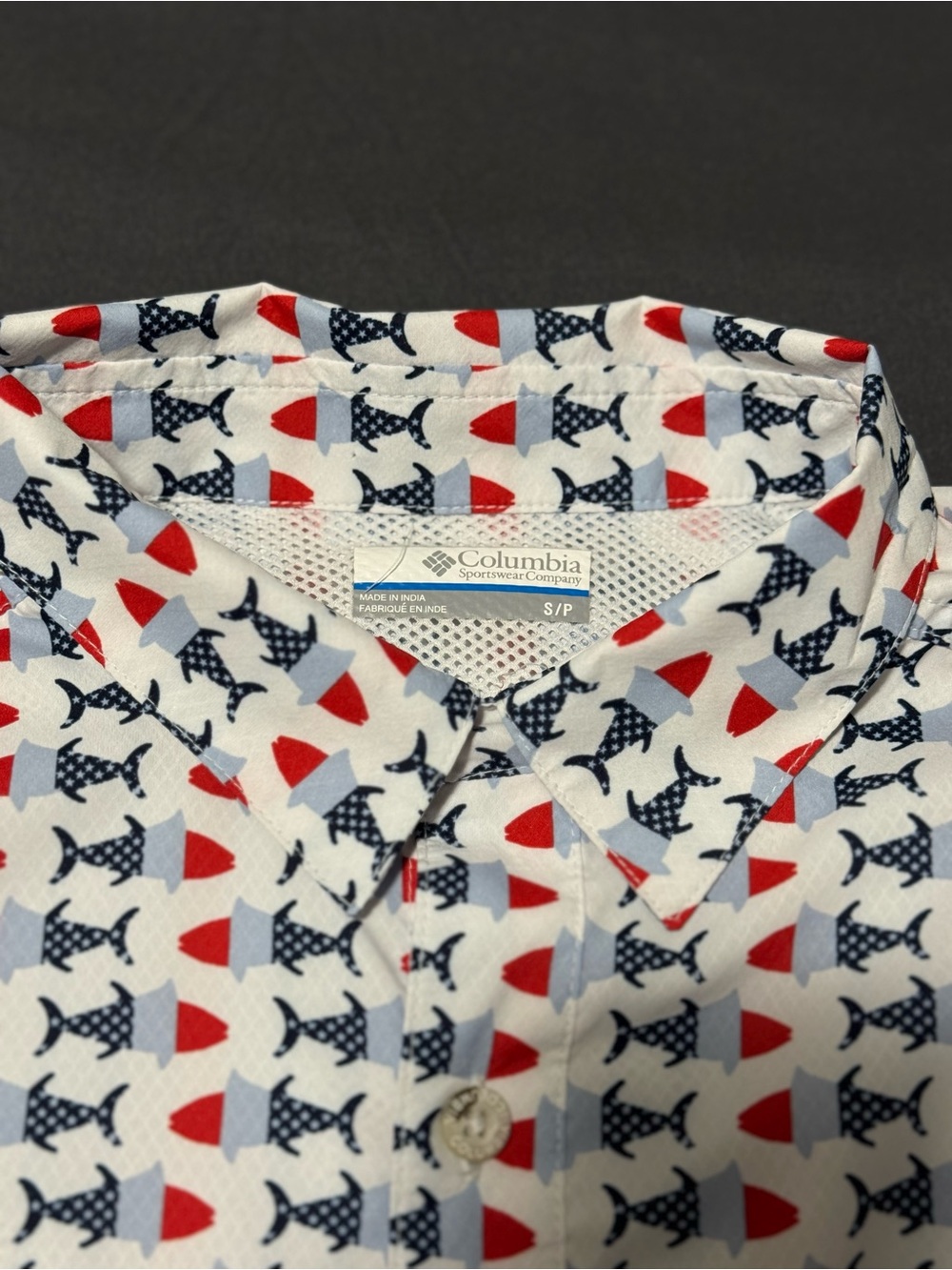 Columbia Men's White Button-Down Shirt with Red and Navy Fish Print